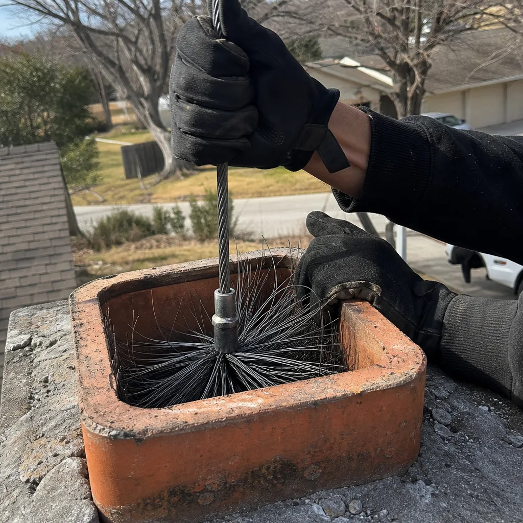 Professional chimney sweep cleaning a chimney flue with a wire brush.