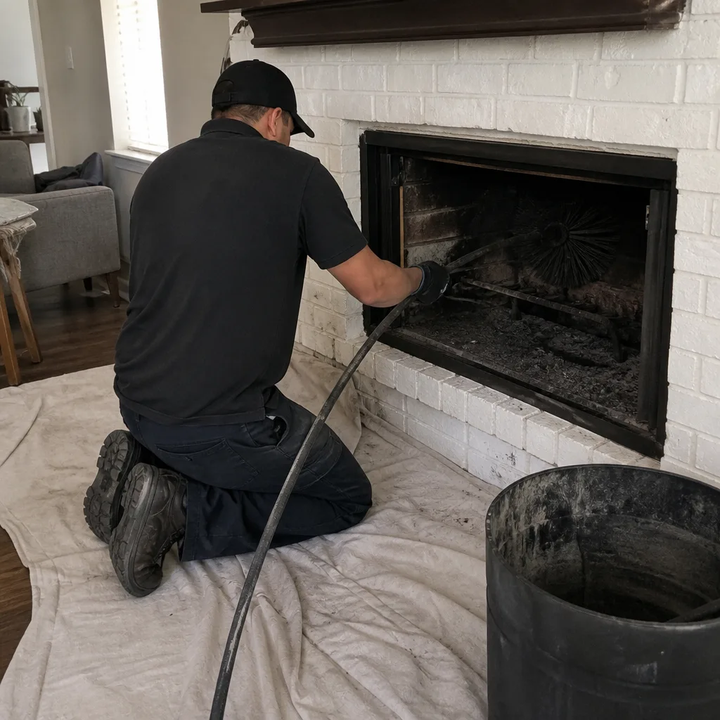 Professional chimney sweep cleaning a white brick fireplace interior