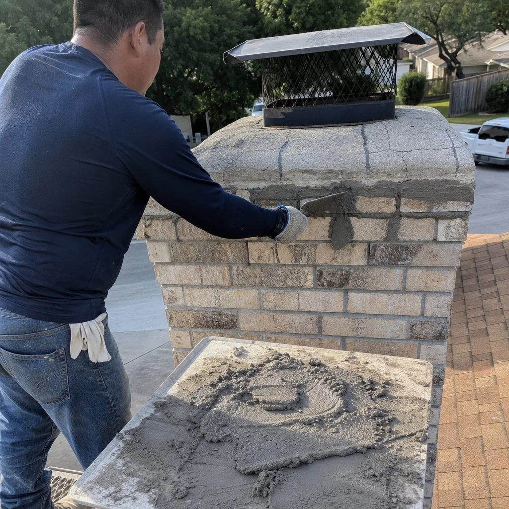 Professional contractor performing chimney brick mortar repair on a rooftop